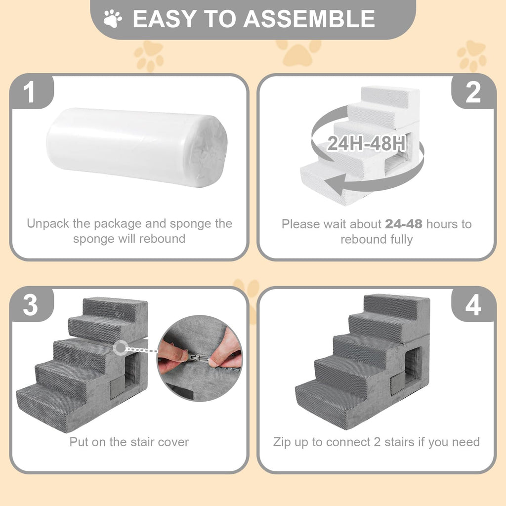 Grey 5-Step Dog Stairs with Non-Slip Washable Cover O73093