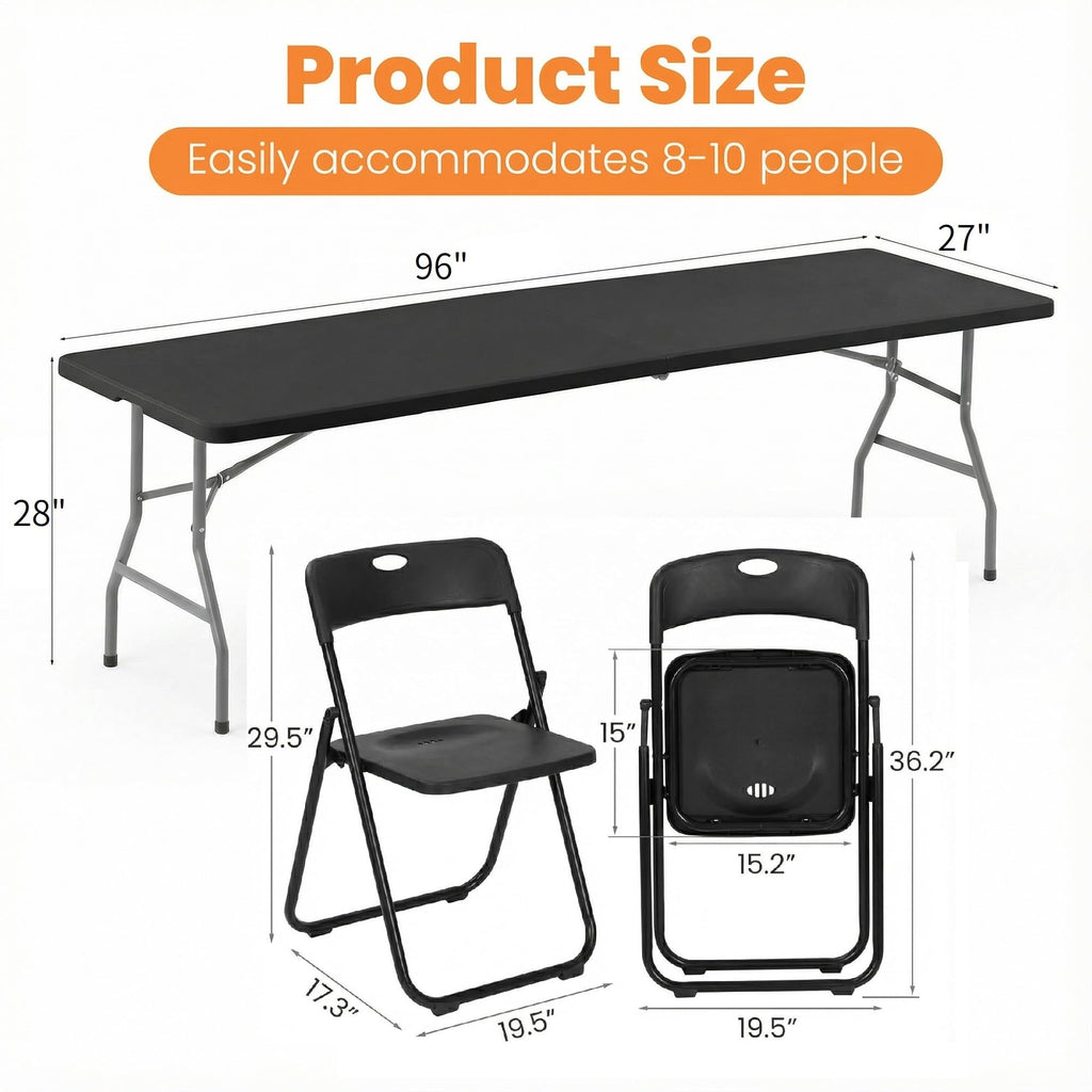 Black 8 Feet Foldable Picnic Table with 10 Folding Chairs W221920