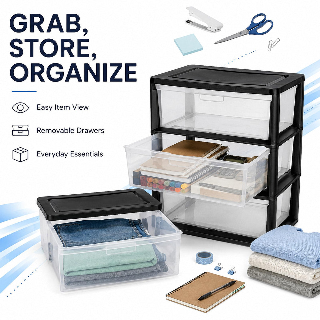 Black 3 Drawer Plastic Storage Tower H118230