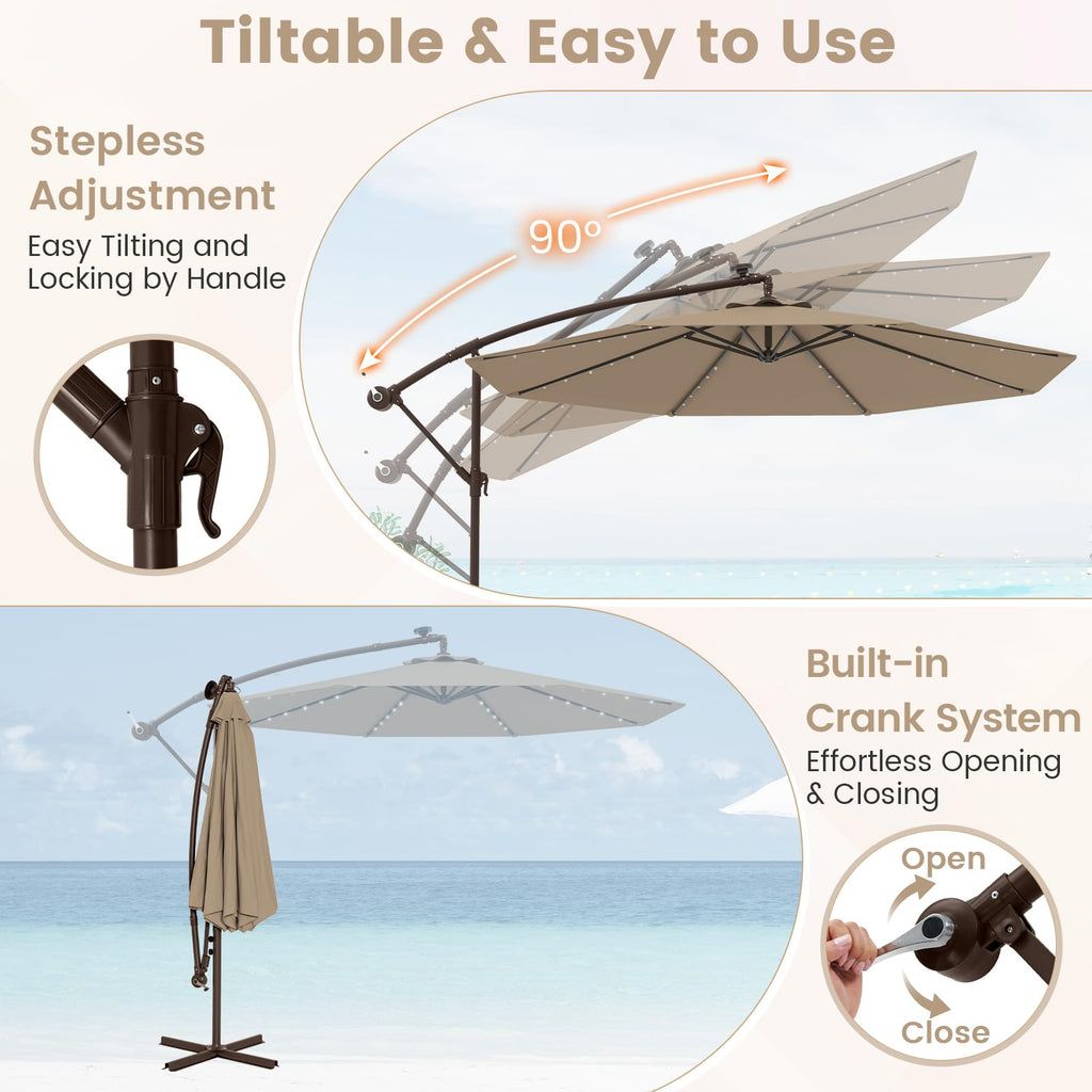 10FT Offset Patio Umbrella with Base and 40 Solar LED Lights E88365