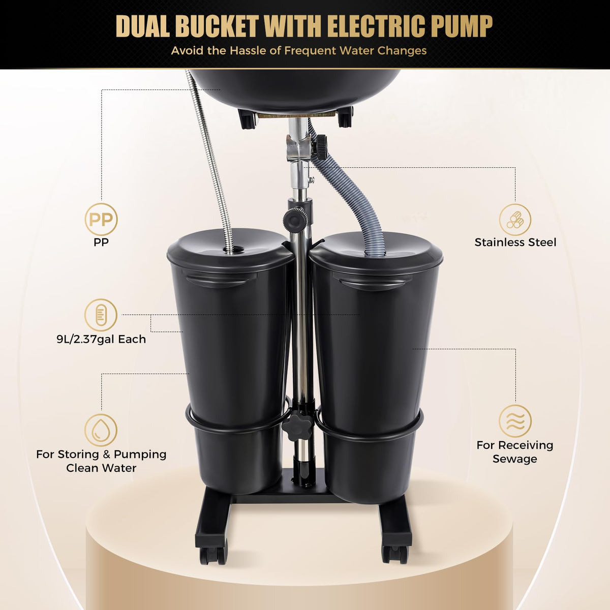 Portable Shampoo Basin with 2 Buckets, Height Adjustable P3675