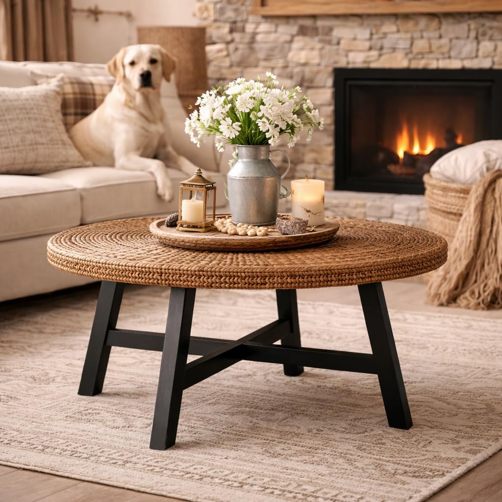 32 Inch Round Handwoven Seagrass Coffee Table with Pine Wood X Base Z879052