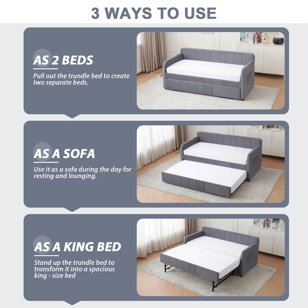 Twin Size Upholstered Daybed with Trundle, Linen Fabric Guest Bed (Gray) U867