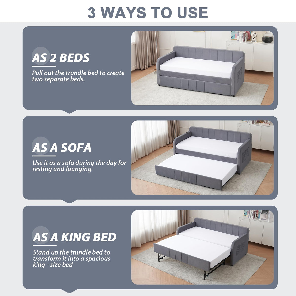 Twin Size Upholstered Daybed with Trundle, Linen Fabric Guest Bed (Gray) U867
