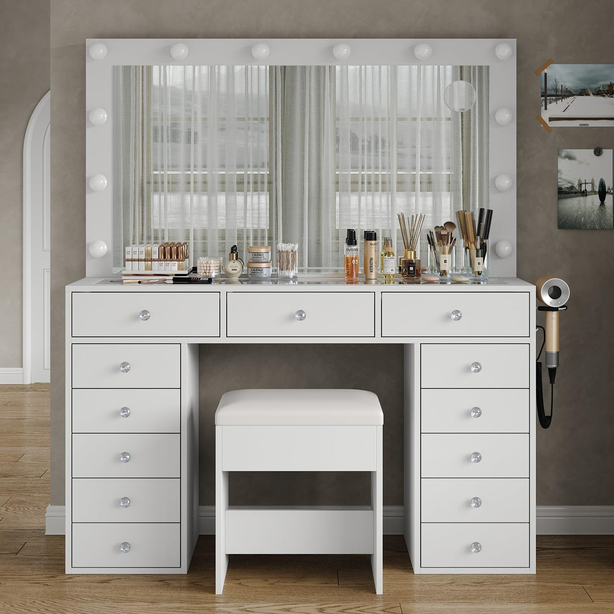 47" White Makeup Vanity with 13 Drawers and HD Mirror T9596