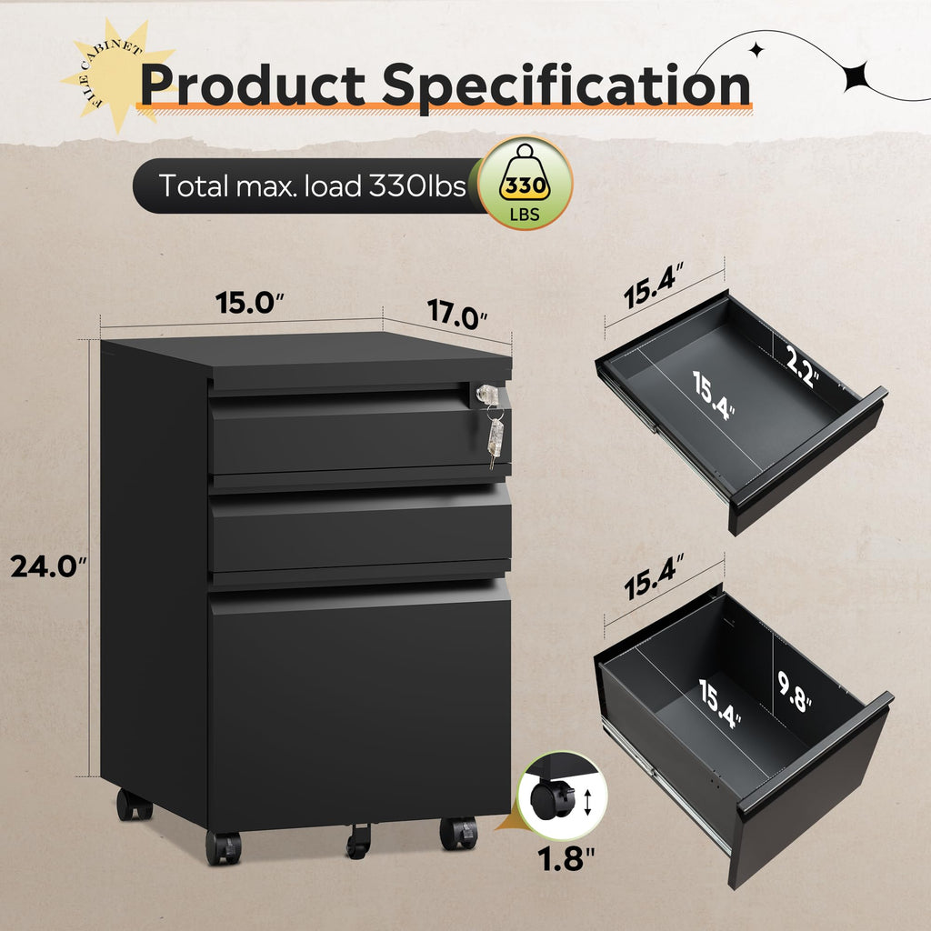 3 Drawer Mobile File Cabinet with Lock W14594