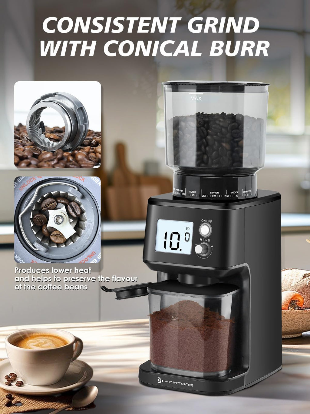 Conical Burr Espresso Coffee Grinder, 51 Settings, Stainless Steel M44856