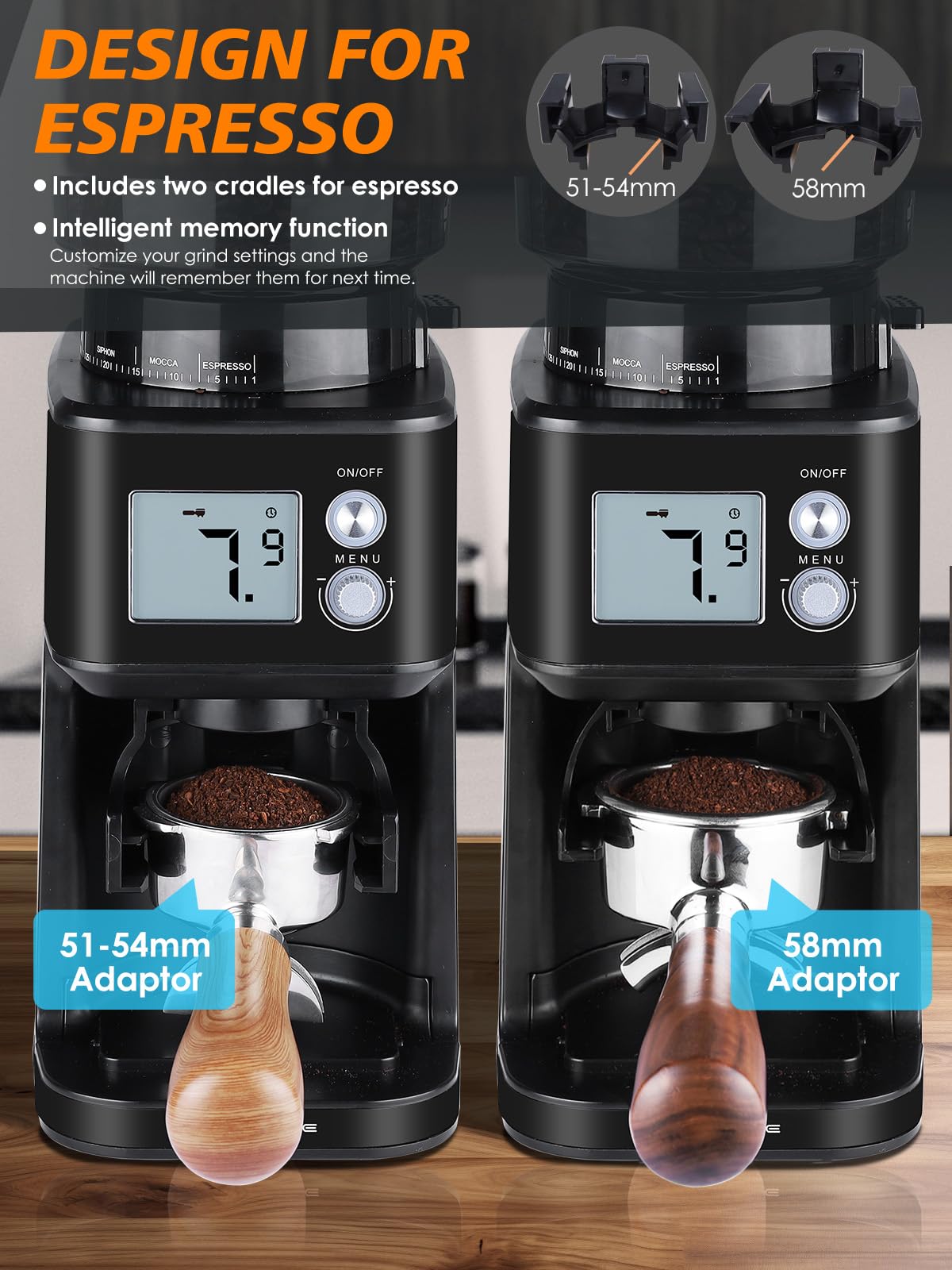 Conical Burr Espresso Coffee Grinder, 51 Settings, Stainless Steel M44856