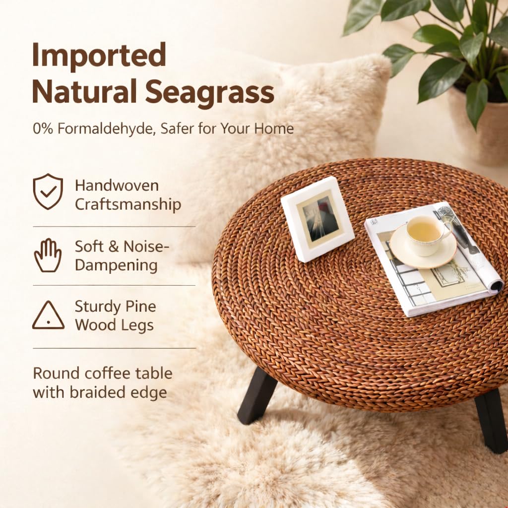 32 Inch Round Handwoven Seagrass Coffee Table with Pine Wood X Base Z879052