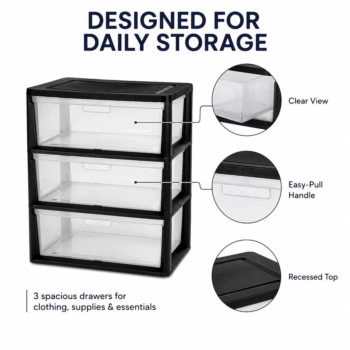 Black 3 Drawer Plastic Storage Tower H118230