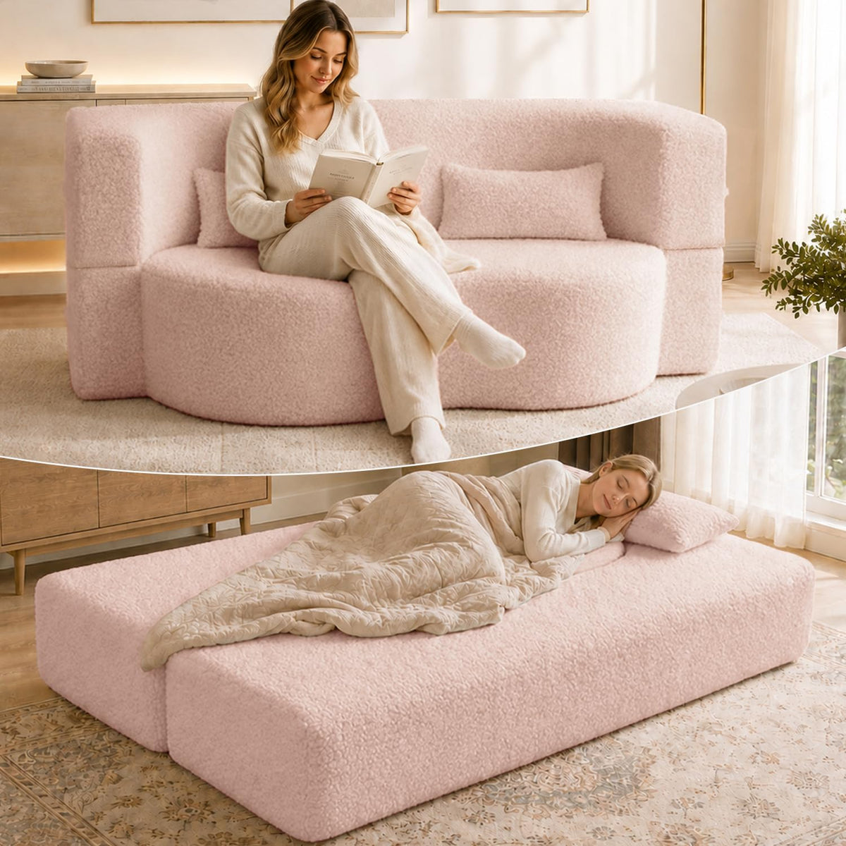 78" Pink Sherpa Futon Sofa Bed K273