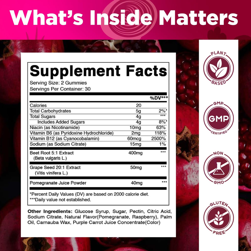 Beet Root Gummies with B6, B12, Grape Seed, Pomegranate & Nicotinamide 60 Count L590888