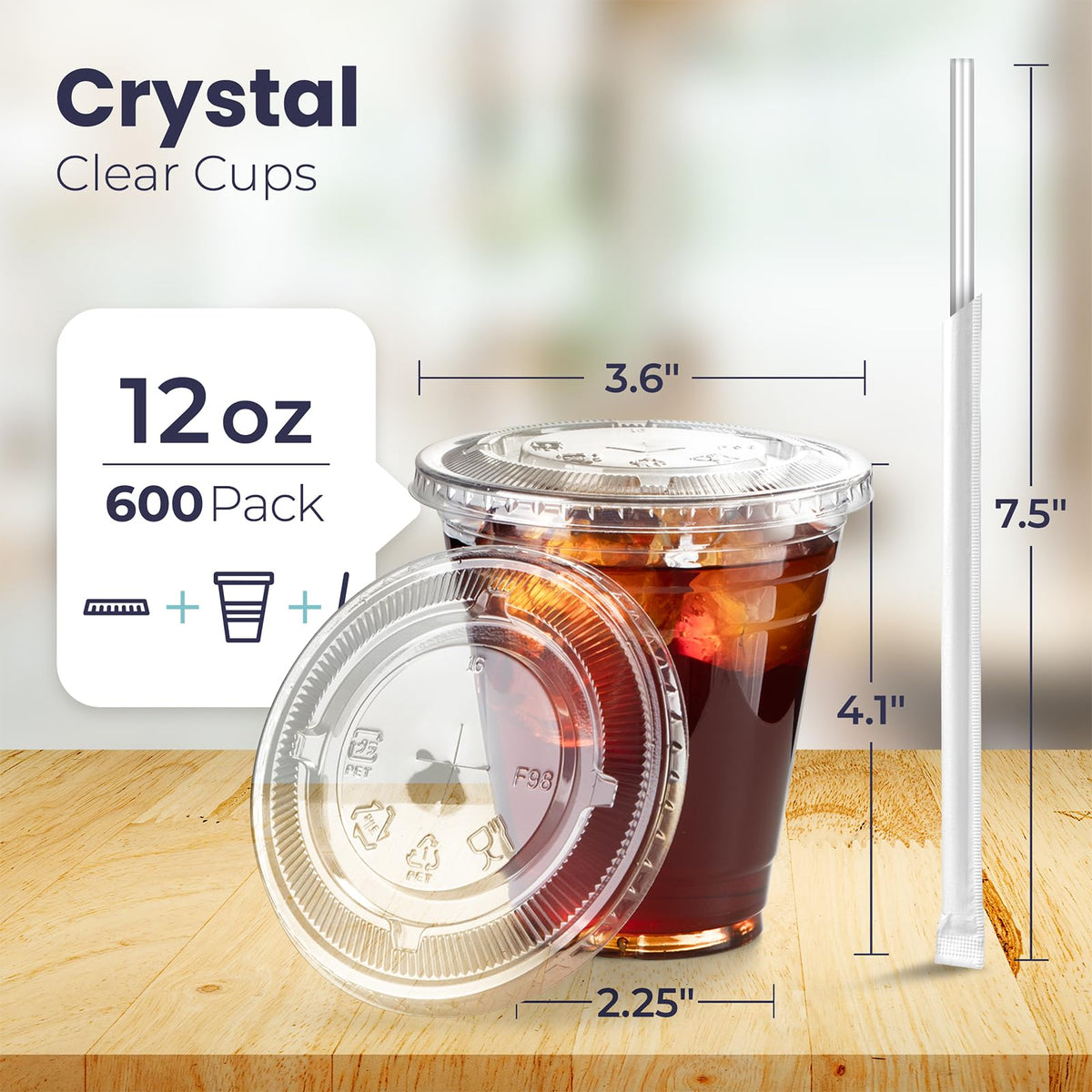 12 oz Clear Plastic Cups with Lids and Straws R799178