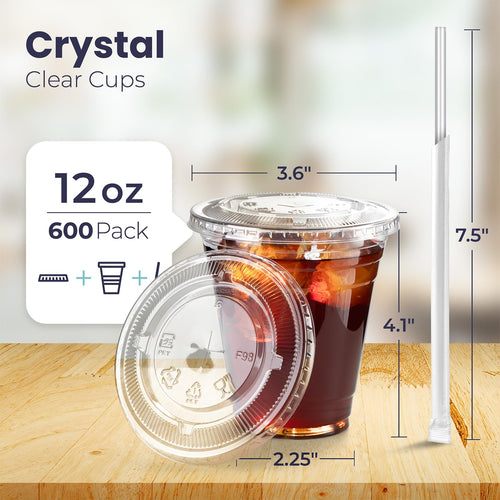 12 oz Clear Plastic Cups with Lids and Straws R799178