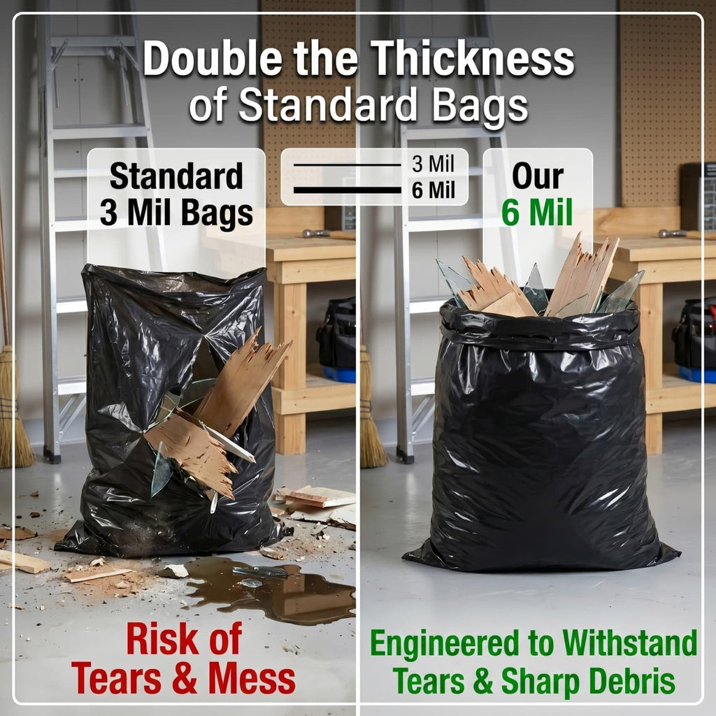 6 Mil Heavy Duty Contractor Trash Bags, 50/55/60 Gallon, Black, 20 Pack V8961