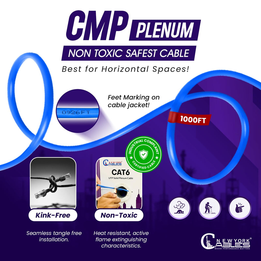 CAT6 Plenum Cable 1000ft 23AWG UTP 4Pairs 550MHz 10Gbps CMP Rated Blue S47718