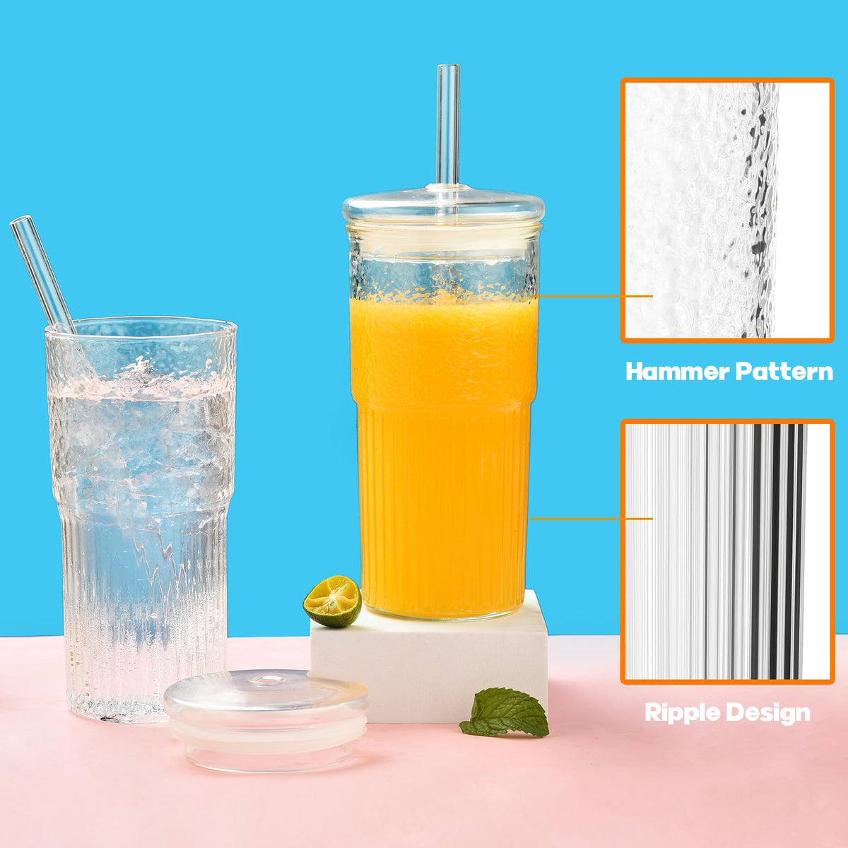 22 oz High Borosilicate Clear Glass Cups with Lids and Straws, Pack of 2 S8039