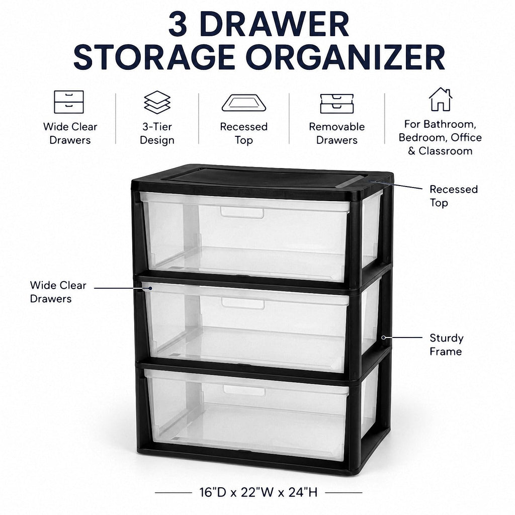 Black 3 Drawer Plastic Storage Tower H118230