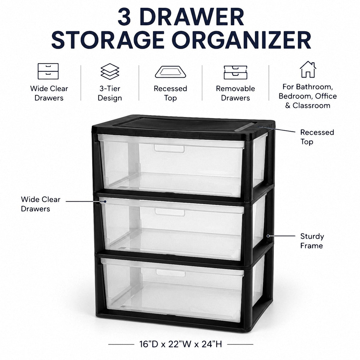 Black 3 Drawer Plastic Storage Tower H118230