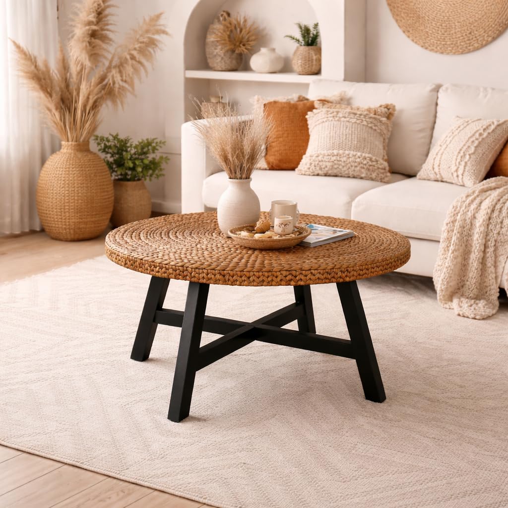 32 Inch Round Handwoven Seagrass Coffee Table with Pine Wood X Base Z879052