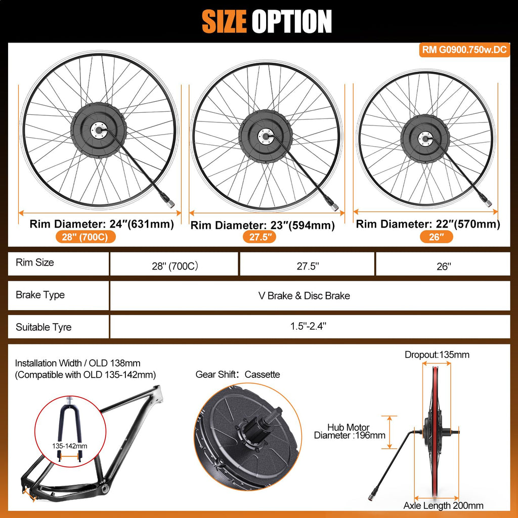 48V 750W Electric Bicycle Conversion Kit Rear Hub Motor Wheel Q832