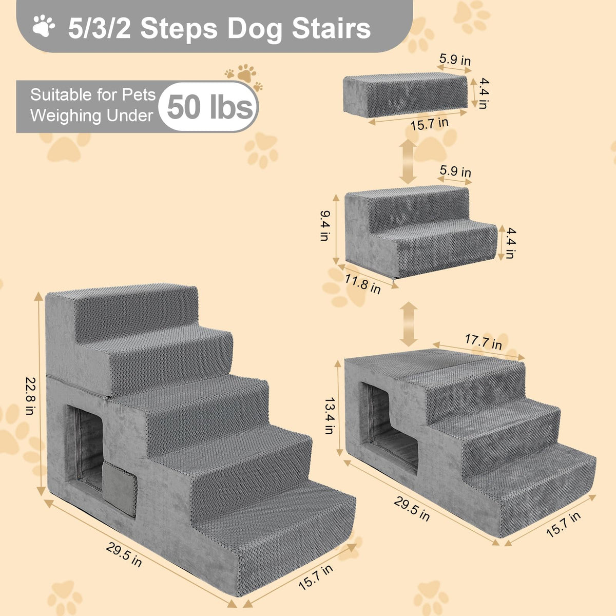 Grey 5-Step Dog Stairs with Non-Slip Washable Cover O73093