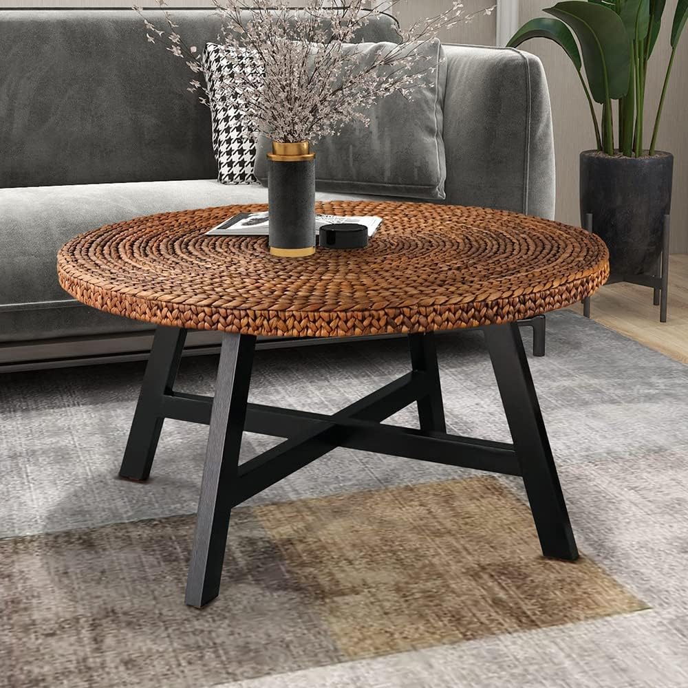 32 Inch Round Handwoven Seagrass Coffee Table with Pine Wood X Base Z879052