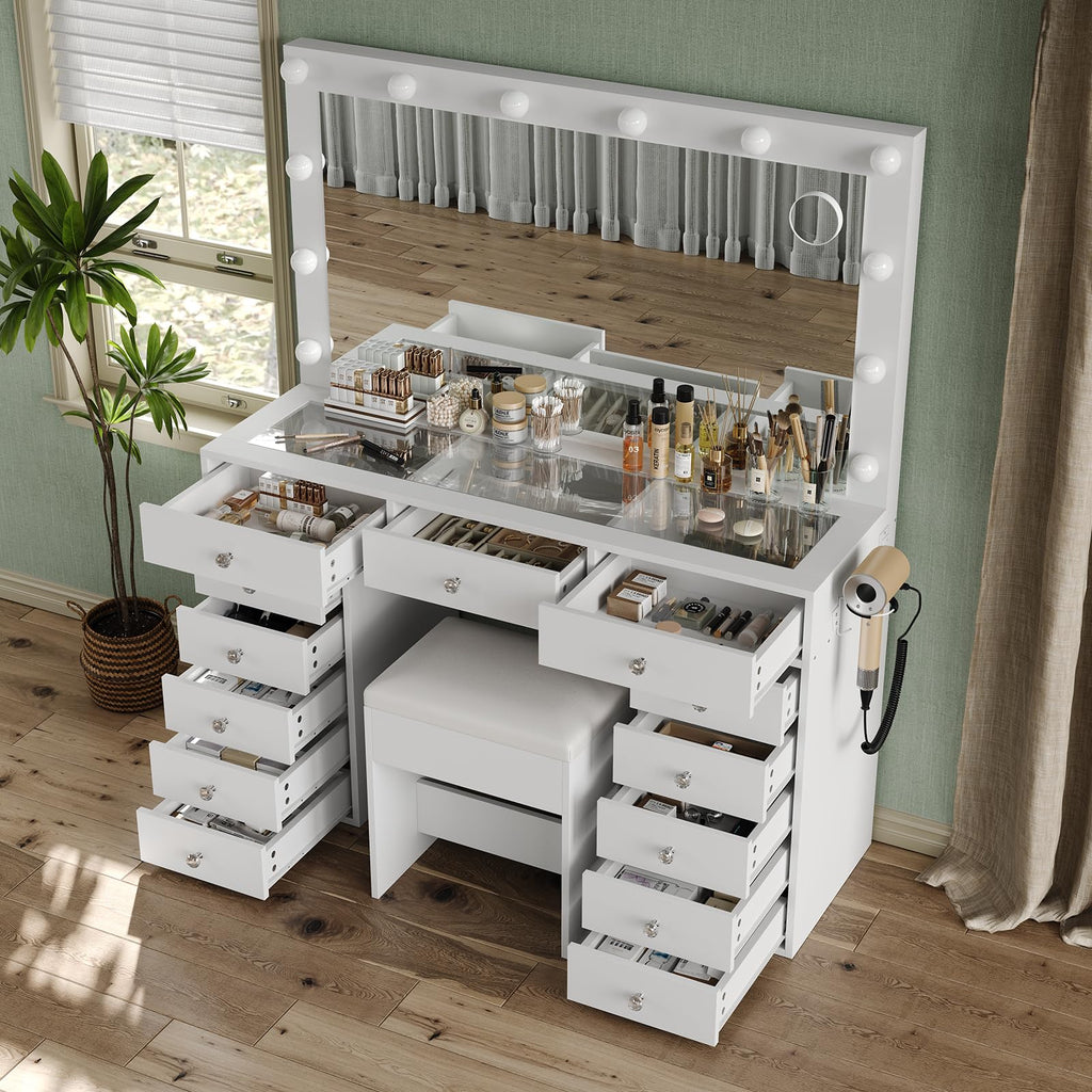 47" White Makeup Vanity with 13 Drawers and HD Mirror T9596
