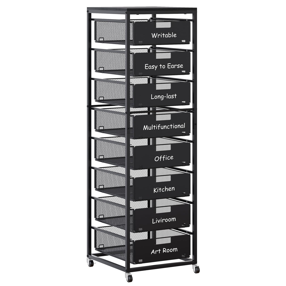 Black 8 Drawer Metal Rolling Storage Cart with Wood Tabletop R3623