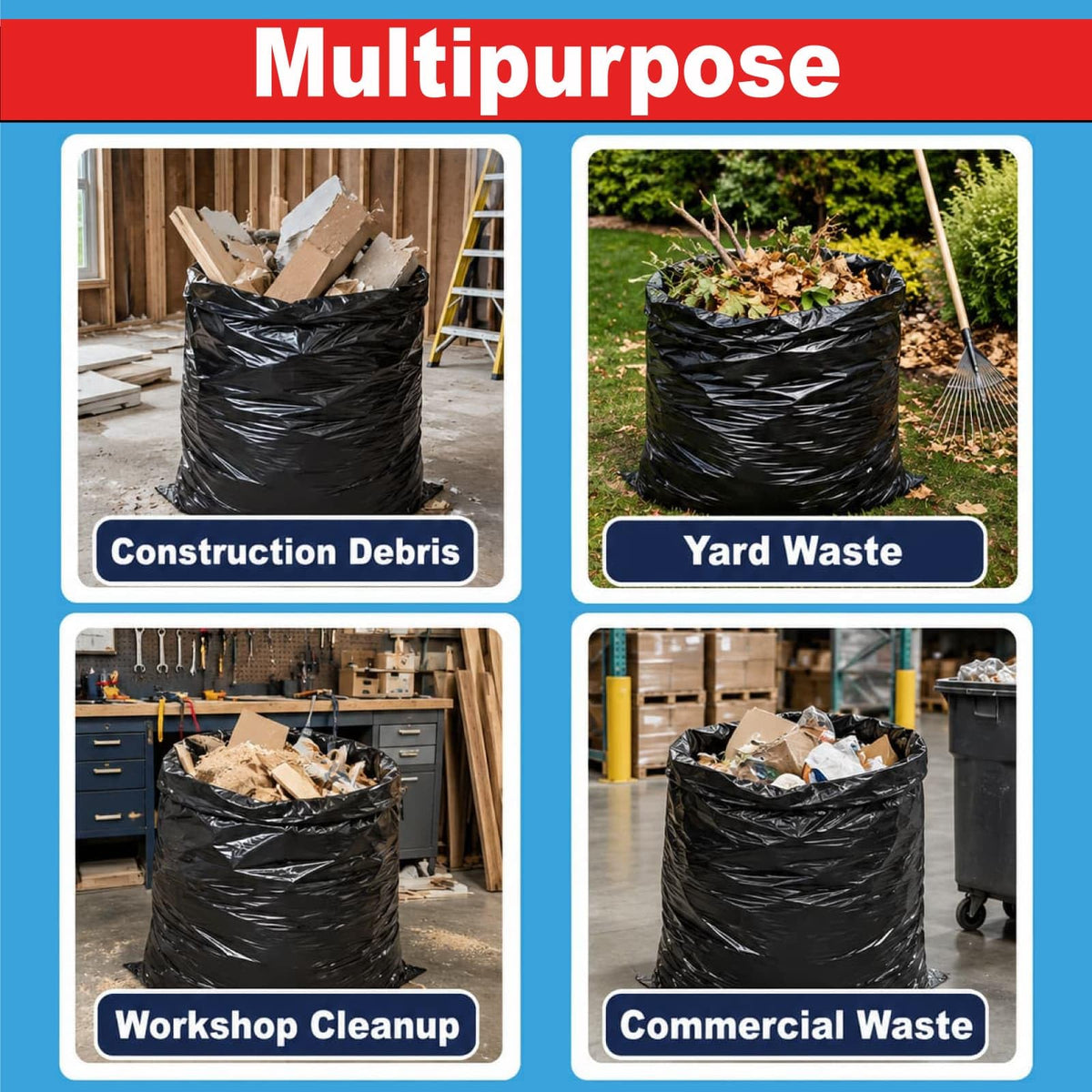 6 Mil Heavy Duty Contractor Trash Bags, 50/55/60 Gallon, Black, 20 Pack V8961