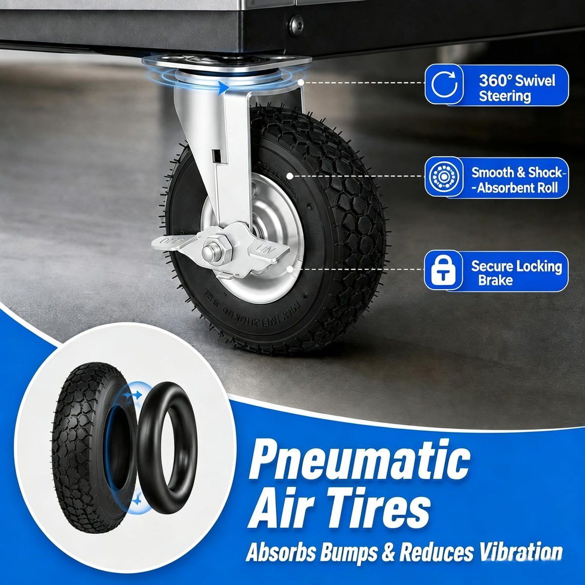8 Inch Heavy Duty Pneumatic Caster Wheels with Brake, 1000 lbs Capacity, Set of 4 Y238