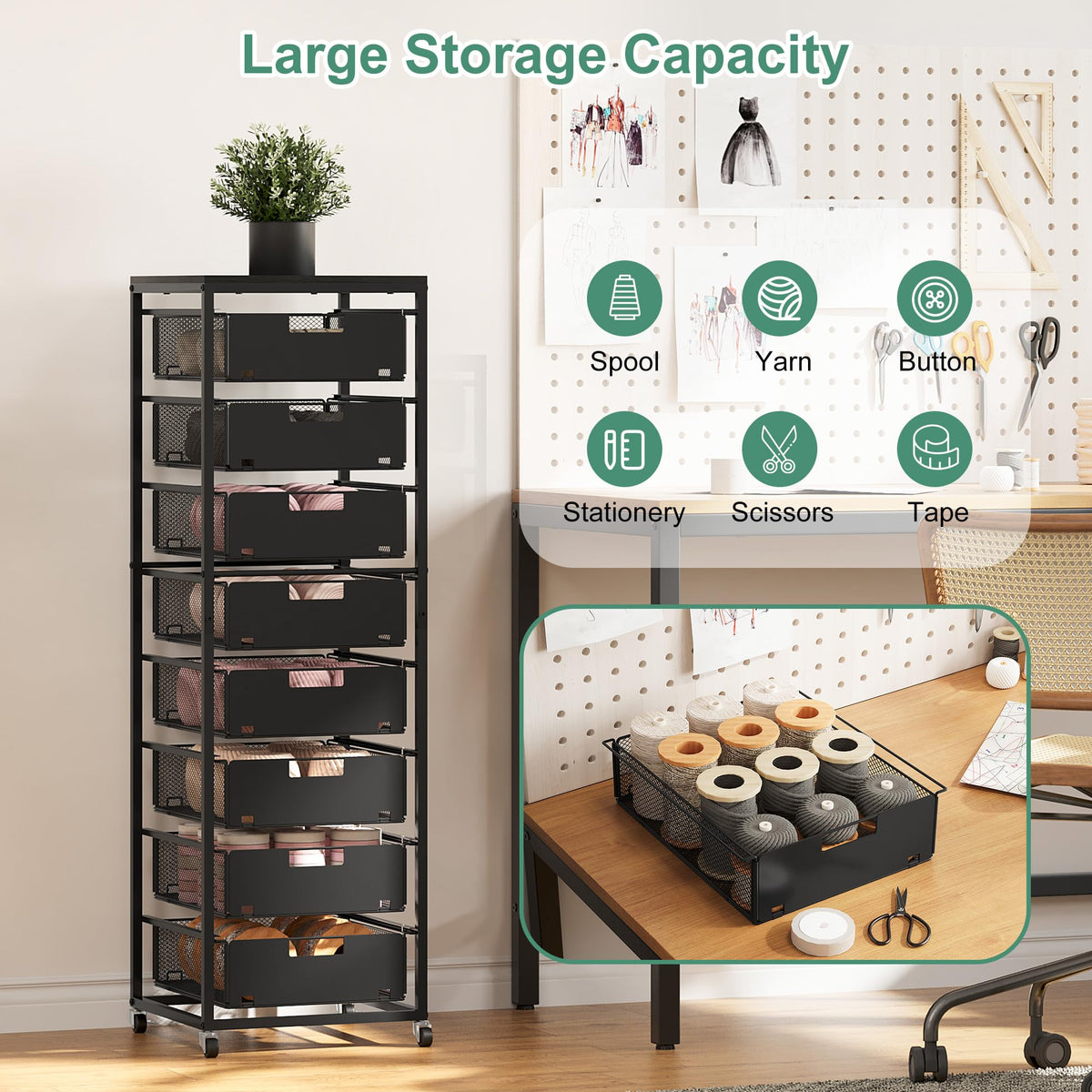 Black 8 Drawer Metal Rolling Storage Cart with Wood Tabletop R3623