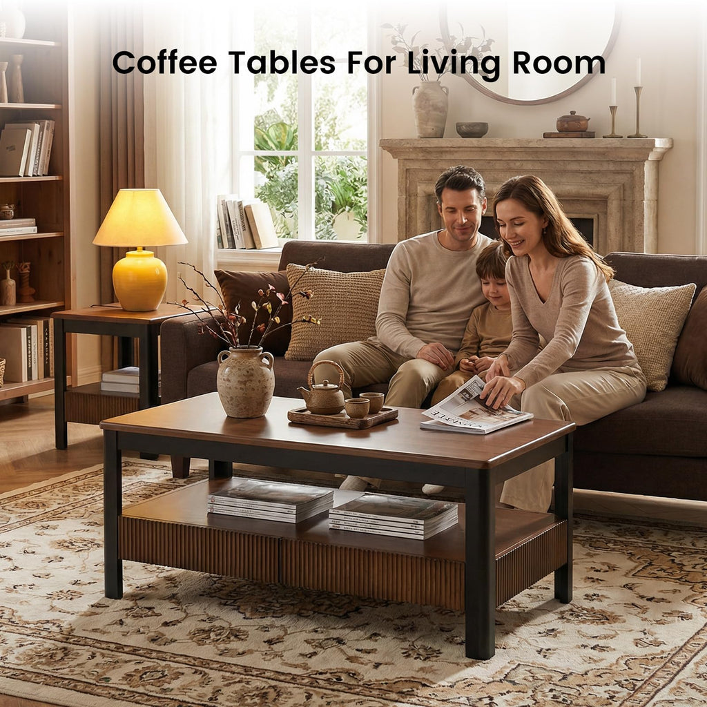 39.4" Walnut Solid Wood Fluted Coffee Table with 2 Drawers O104