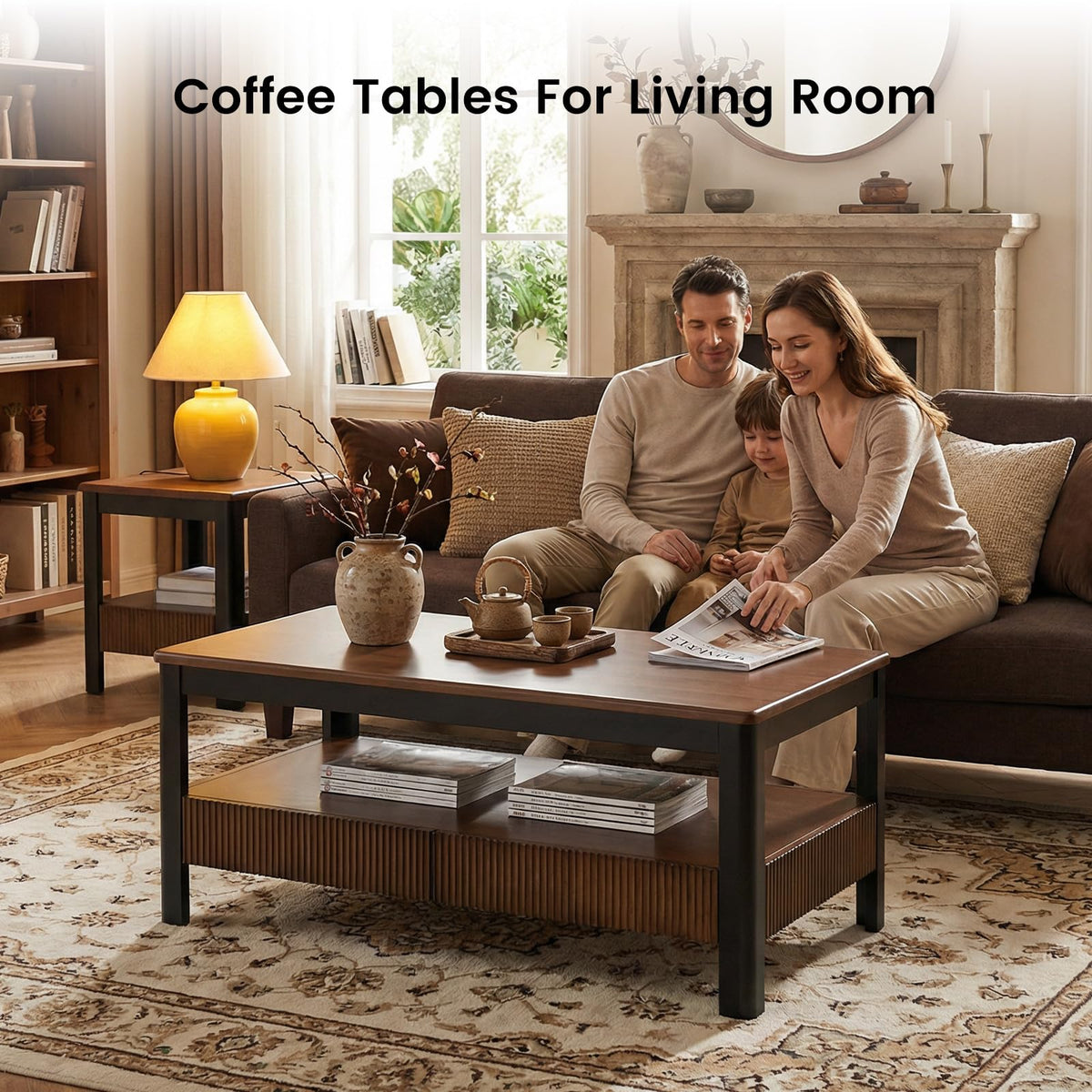 39.4" Walnut Solid Wood Fluted Coffee Table with 2 Drawers O104