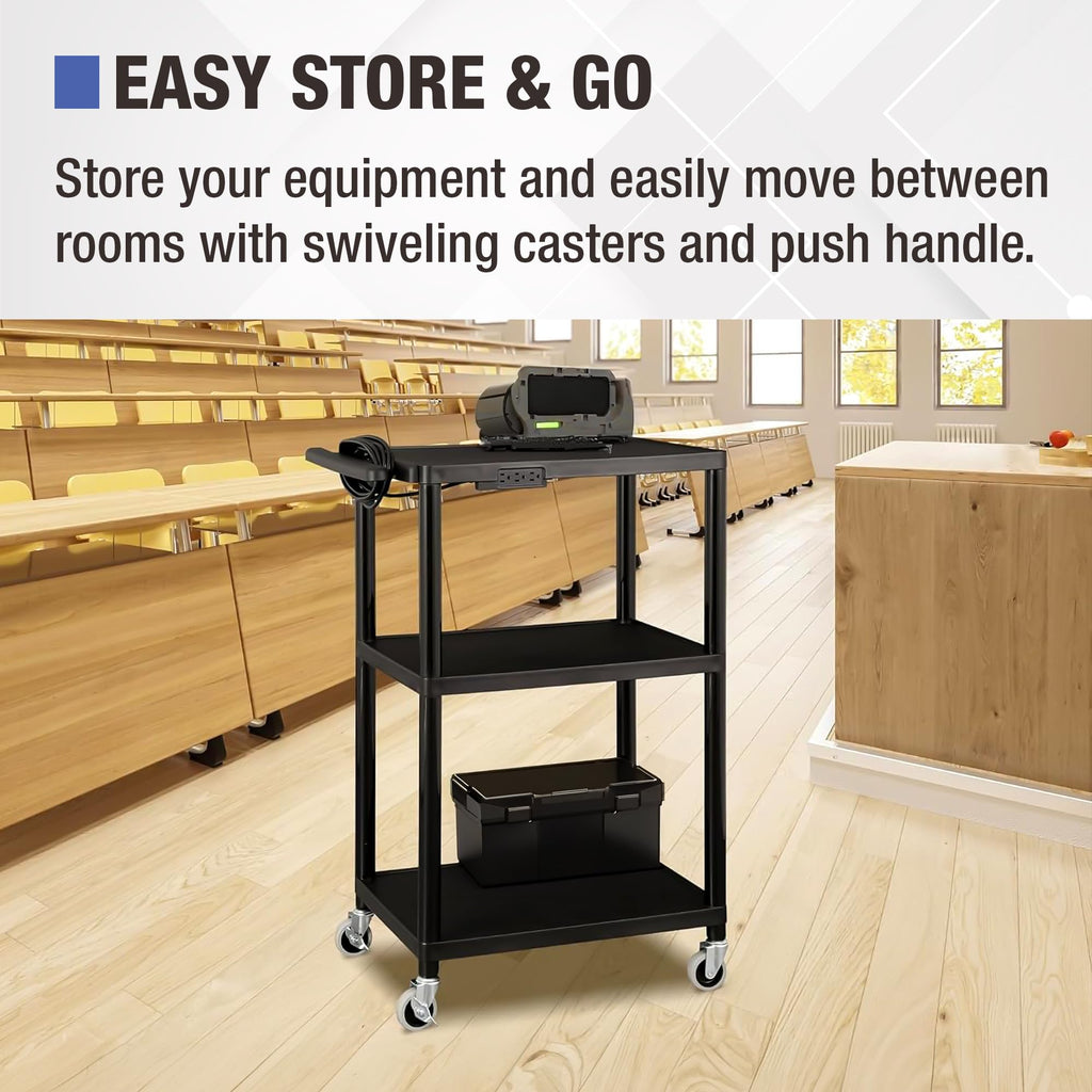 Mobile Utility AV Cart with Power Strip and Casters, Black Y453010