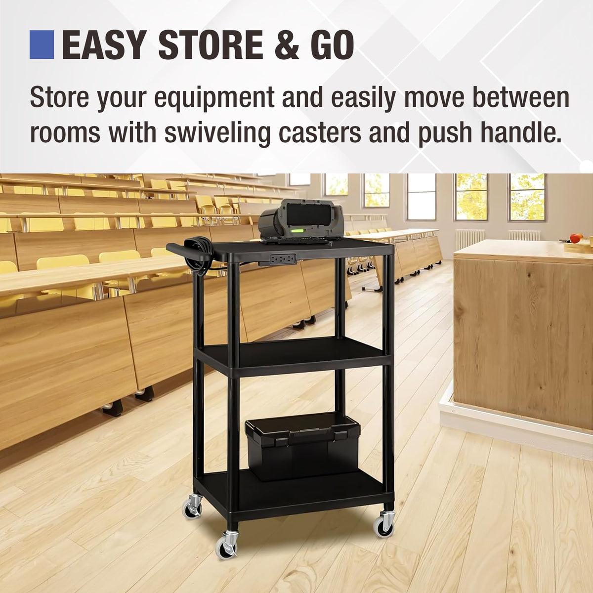 Mobile Utility AV Cart with Power Strip and Casters, Black Y453010