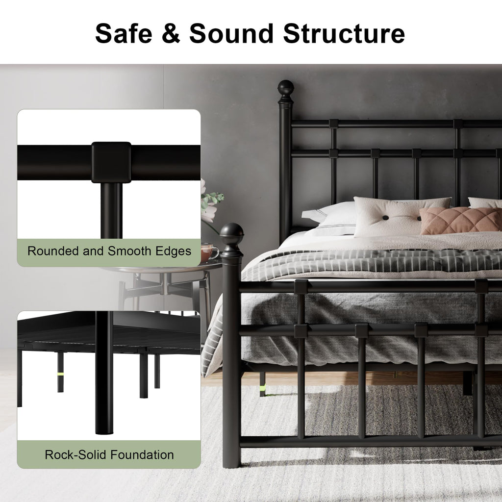 King Size Black Metal Platform Bed Frame with Headboard and Footboard O6912