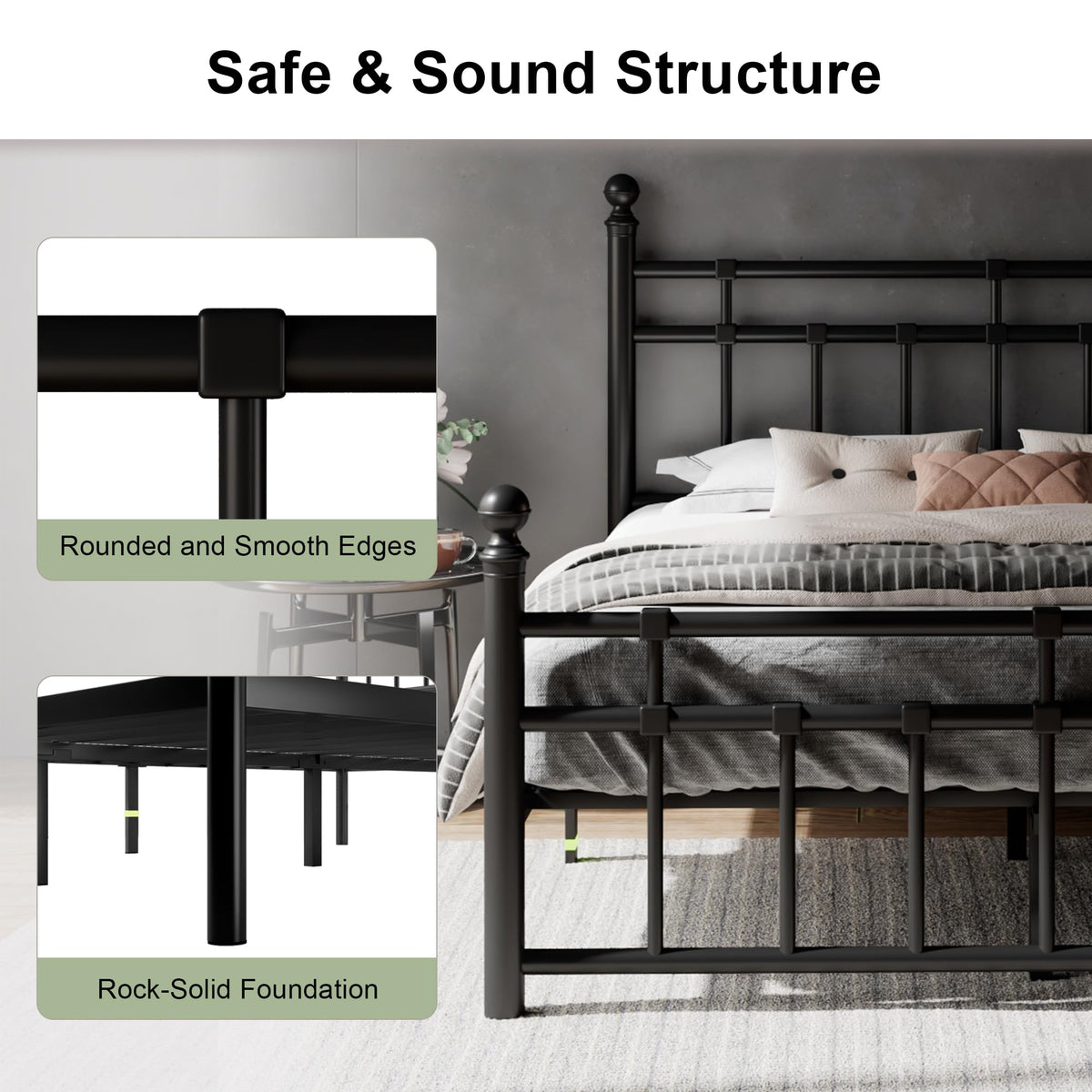 King Size Black Metal Platform Bed Frame with Headboard and Footboard O6912