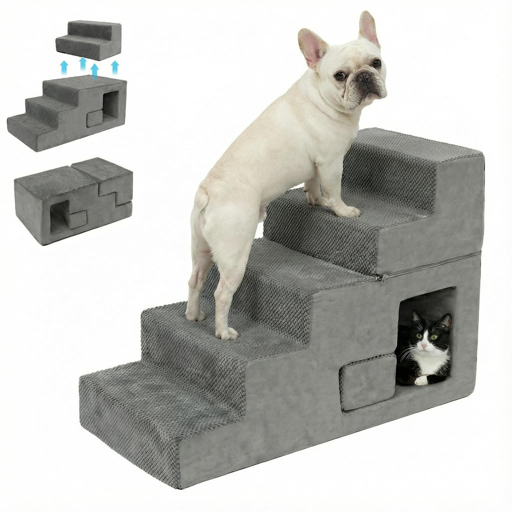 Grey 5-Step Dog Stairs with Non-Slip Washable Cover O73093