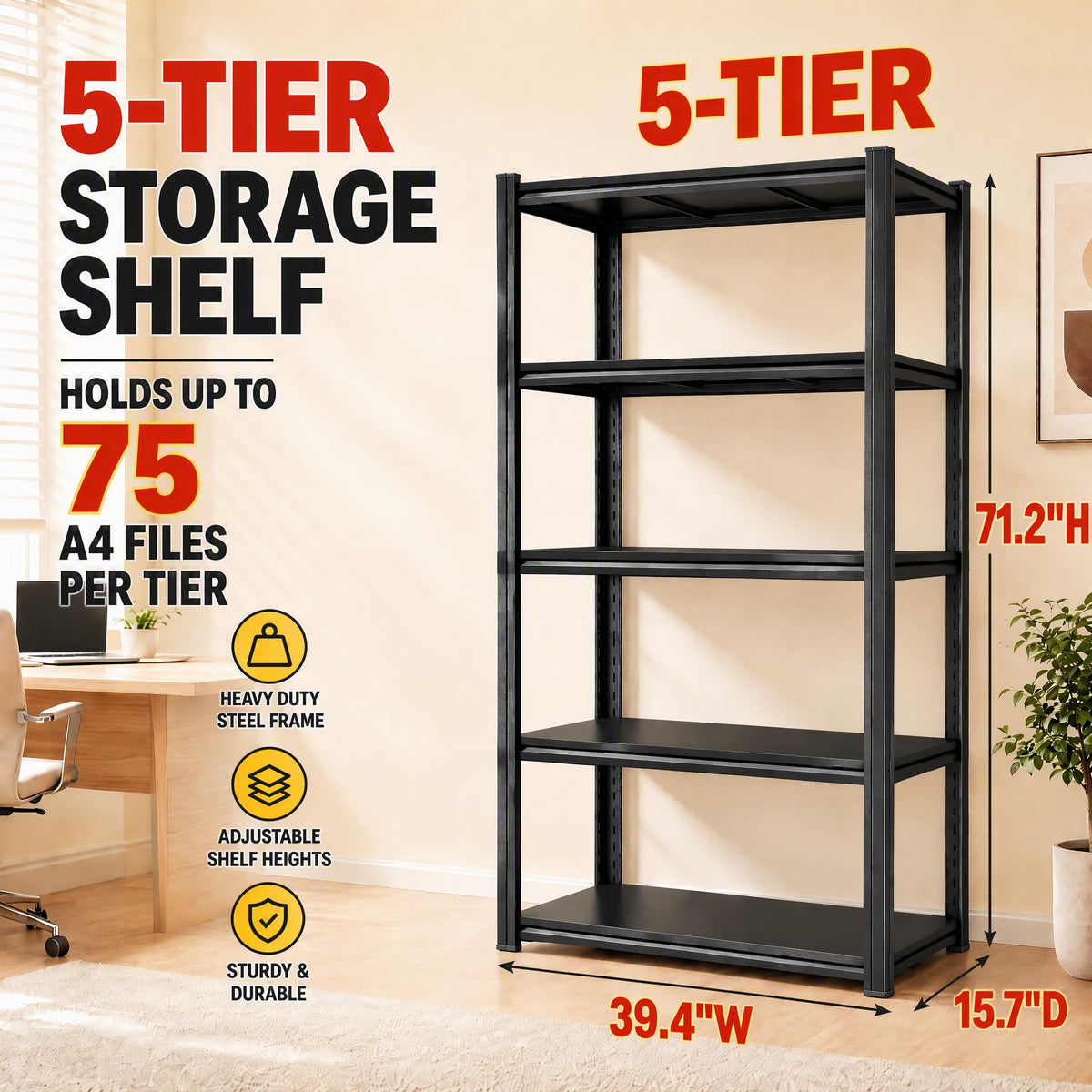 5 Tier Black Metal Bookshelf R627522