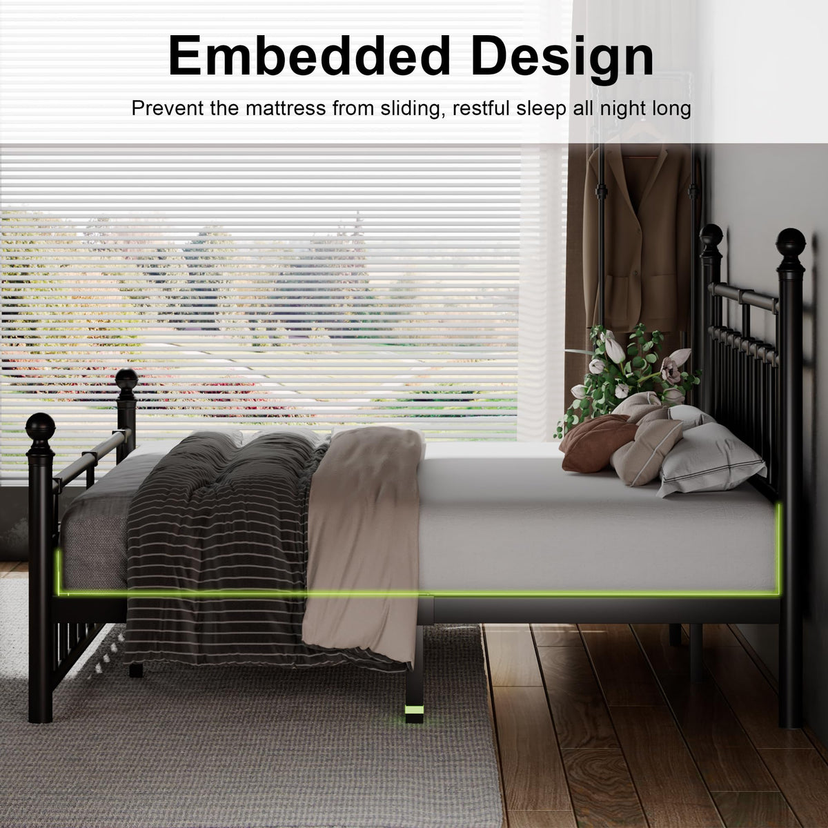 King Size Black Metal Platform Bed Frame with Headboard and Footboard O6912