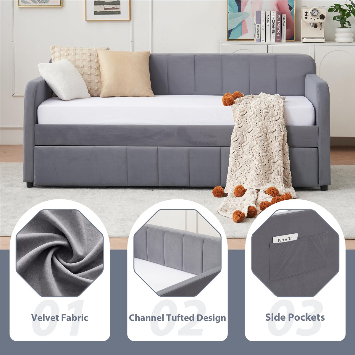 Twin Size Upholstered Daybed with Trundle, Linen Fabric Guest Bed (Gray) U867
