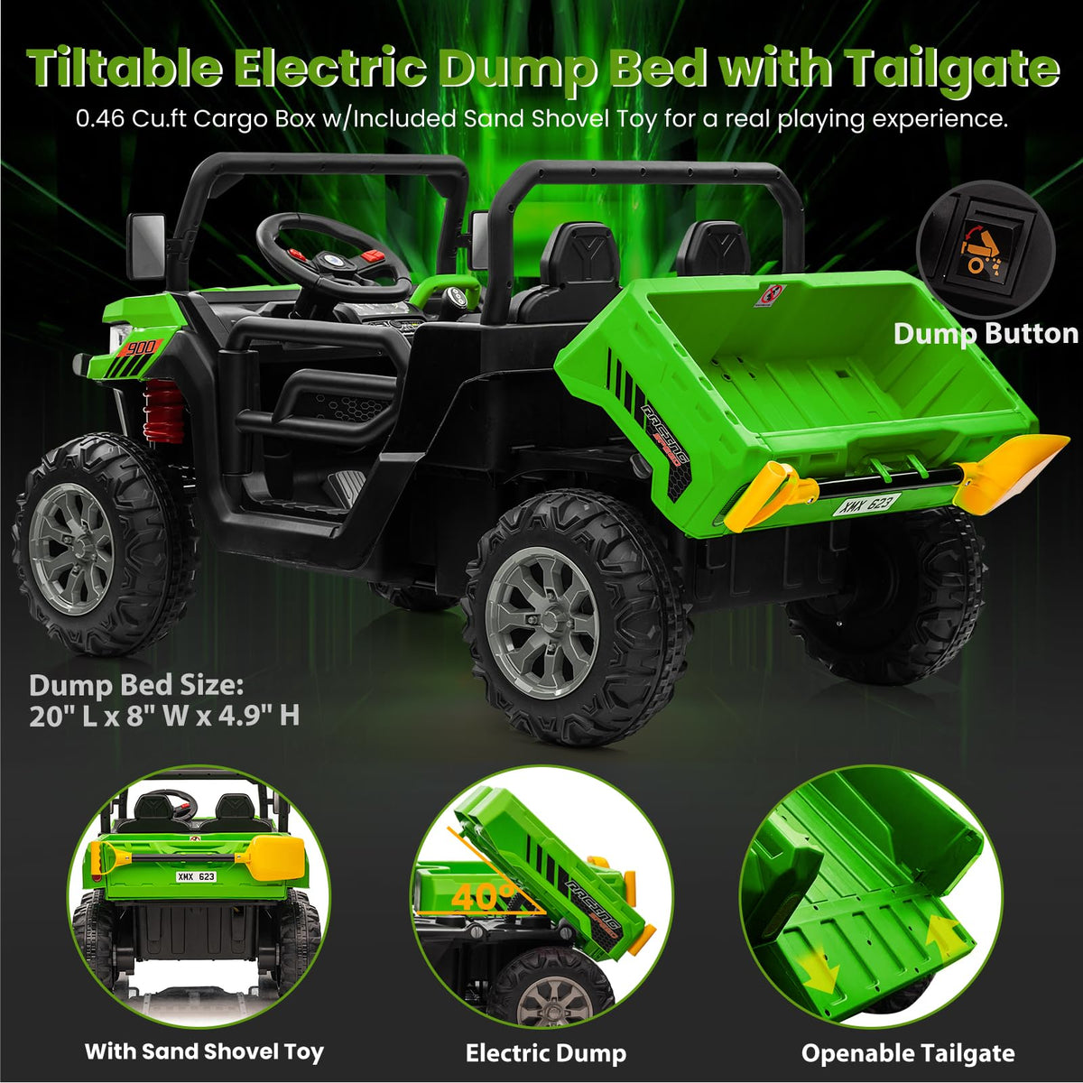 24V 4WD Ride on Truck Car with Dump Bed, 2 Seaters, Remote Control, Green N6479
