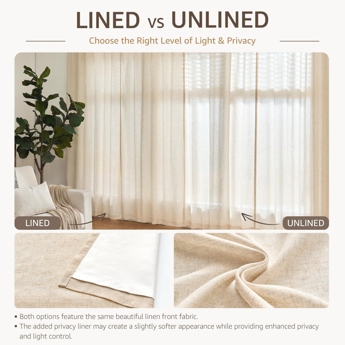 Linen Curtain 84 Inch Light Filtering Grommet 1 Panel Beige H6415