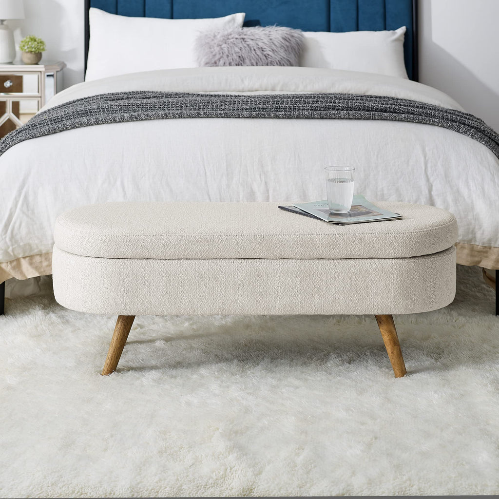 Beige Oval Storage Bench with Rubber Wood Legs K950