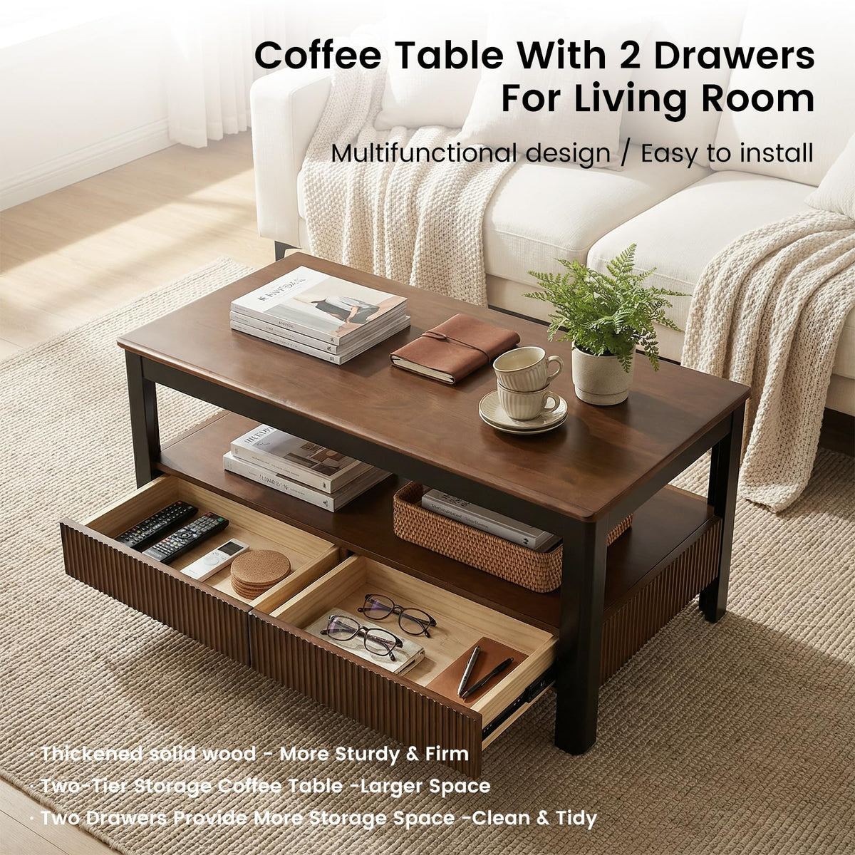 39.4" Walnut Solid Wood Fluted Coffee Table with 2 Drawers O104