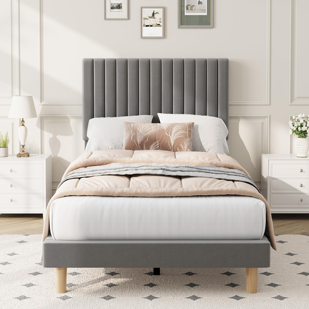 Velvet Upholstered Platform Bed with Adjustable Headboard N809