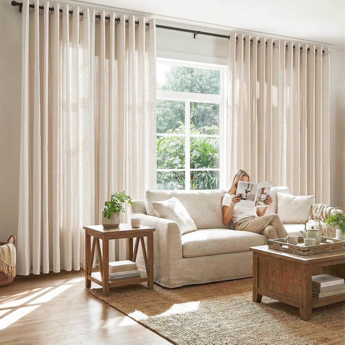 Linen Curtain 84 Inch Light Filtering Grommet 1 Panel Beige H6415