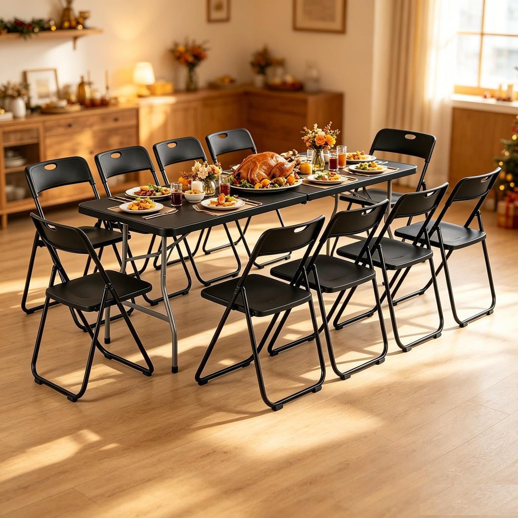 Black 8 Feet Foldable Picnic Table with 10 Folding Chairs W221920