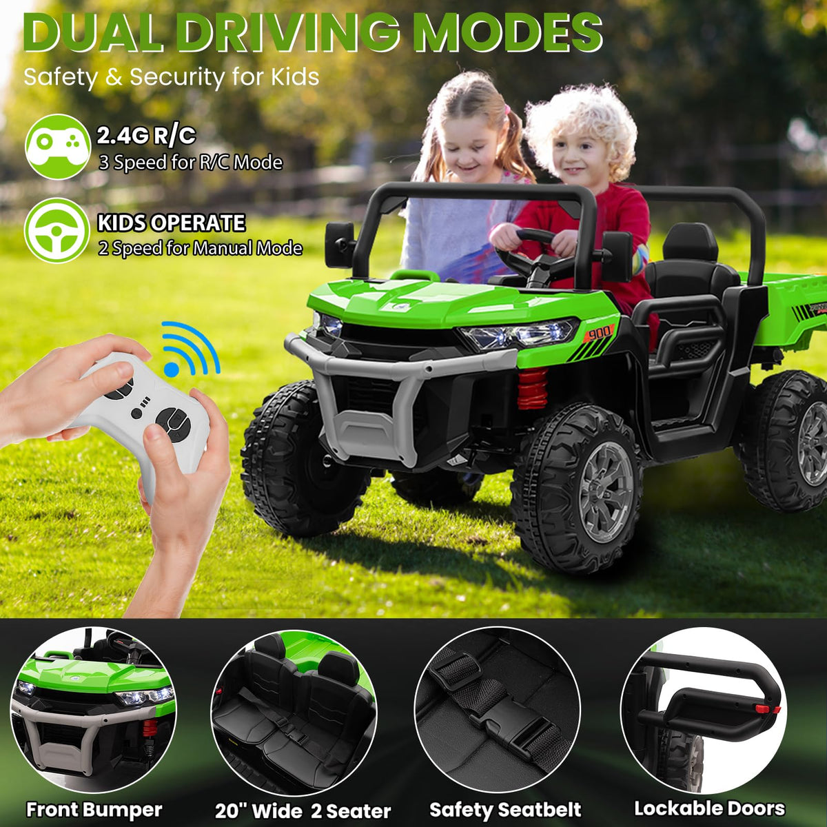 24V 4WD Ride on Truck Car with Dump Bed, 2 Seaters, Remote Control, Green N6479